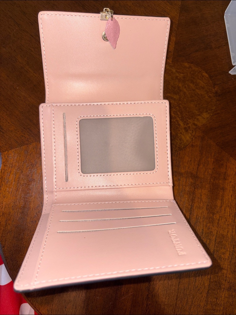 FT  FUNTOR  wallet  small Black /Pink Compact black/pink/leaf charm front  NWOT - Picture 10 of 13
